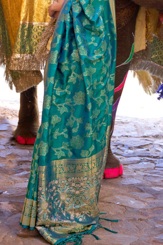 Teal Blue Sequins Handloom Weaving Saree_Kumari Sarees