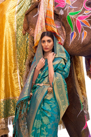 Teal Blue Sequins Handloom Weaving Saree_Kumari Sarees