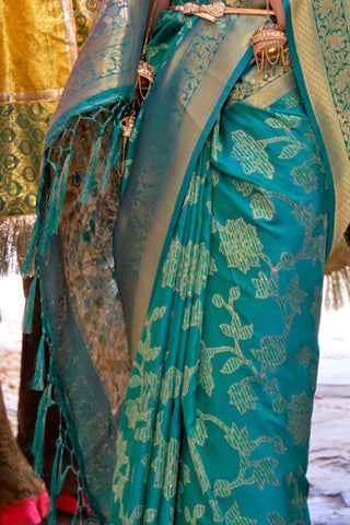 Teal Blue Sequins Handloom Weaving Saree_Kumari Sarees