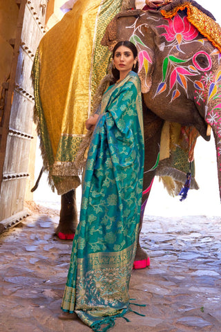 Teal Blue Sequins Handloom Weaving Saree_Kumari Sarees