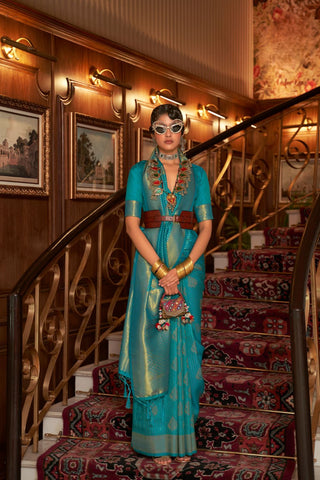 Teal Blue Nylon Chinon Two - Tone Weaving Saree