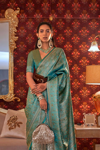 Teal Green Nylon Two Tone Zari Handloom Weaving Silk Saree_Kumari Sarees