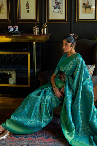 Teal Green Pure Chaap  Handloom Weaving Silk Saree_Kumari Sarees