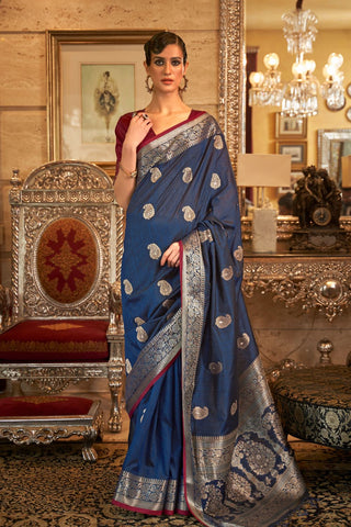 Dark Blue Tussar Silk Handloom Weaving Saree_Kumari Sarees