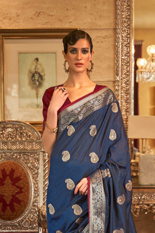 Dark Blue Tussar Silk Handloom Weaving Saree_Kumari Sarees