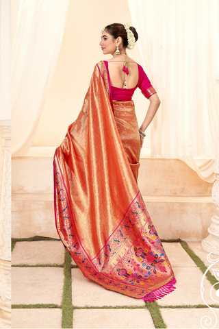 Orange Pure Paithani Tissue Silk With Zari Border Saree_Kumari Sarees