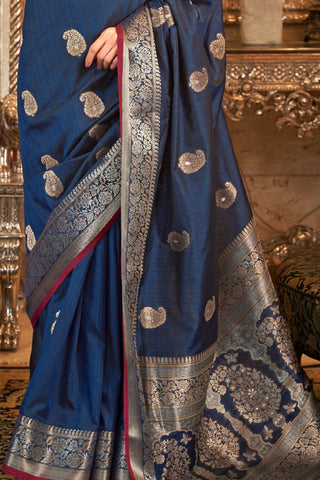 Dark Blue Tussar Silk Handloom Weaving Saree_Kumari Sarees