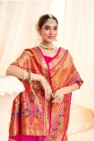Orange Pure Paithani Tissue Silk With Zari Border Saree_Kumari Sarees