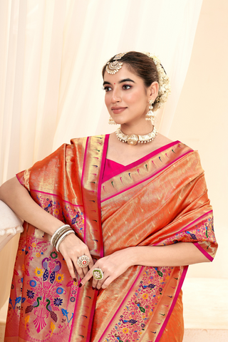 Orange Pure Paithani Tissue Silk With Zari Border Saree_Kumari Sarees