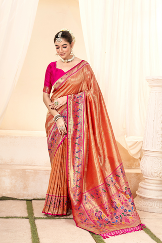 Orange Pure Paithani Tissue Silk With Zari Border Saree_Kumari Sarees