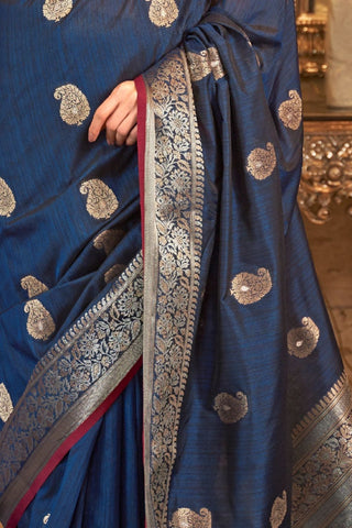 Dark Blue Tussar Silk Handloom Weaving Saree_Kumari Sarees