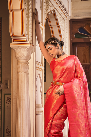 Red Handloom Weaving Silk With Zari Saree_Kumari Sarees