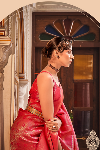 Red Handloom Weaving Silk With Zari Saree_Kumari Sarees