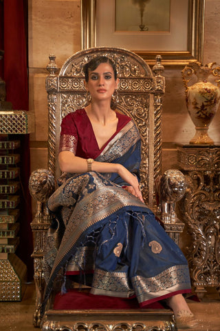 Dark Blue Tussar Silk Handloom Weaving Saree_Kumari Sarees