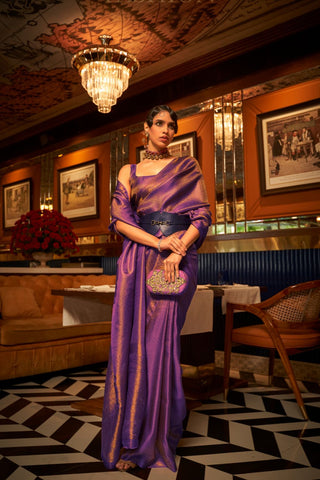Violet Nylon Satin Copper Zari Weaving Saree_Kumari Sarees