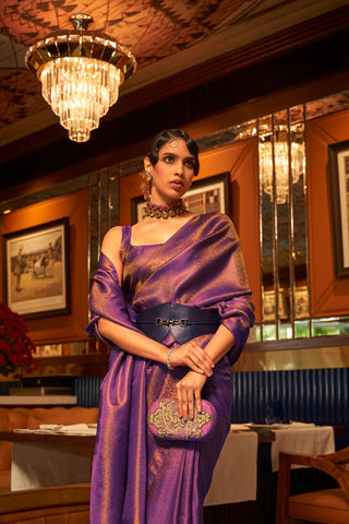 Violet Nylon Satin Copper Zari Weaving Saree_Kumari Sarees