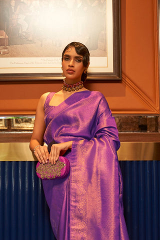 Violet Nylon Satin Copper Zari Weaving Saree_Kumari Sarees