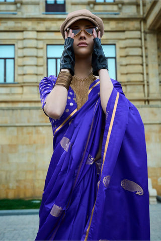 Warm Blue Satin Handloom Weaving Silk Saree_Kumari Sarees
