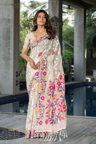 White Soft Cotton Floral Jamdani Saree_Kumari Sarees