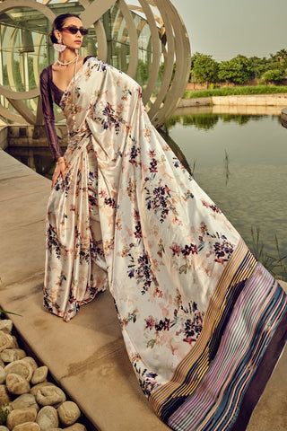 White Printed Satin Crepe Saree_Kumari Sarees