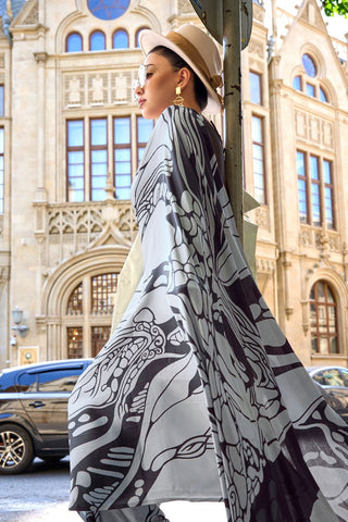 White & Black Print Satin Crepe Saree_Kumari Sarees