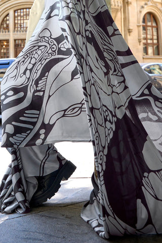 White & Black Print Satin Crepe Saree_Kumari Sarees