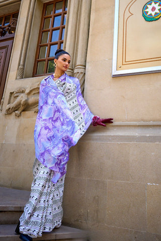 White & Blue Print Satin Crepe Saree_Kumari Sarees