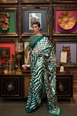White & Green Printed Japan Satin Crepe Saree_Kumari Sarees