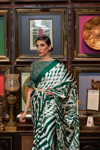 White & Green Printed Japan Satin Crepe Saree_Kumari Sarees