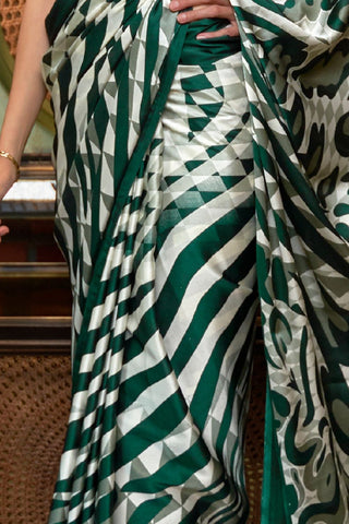 White & Green Printed Japan Satin Crepe Saree_Kumari Sarees