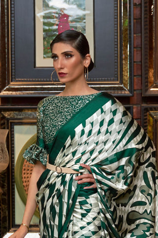 White & Green Printed Japan Satin Crepe Saree_Kumari Sarees