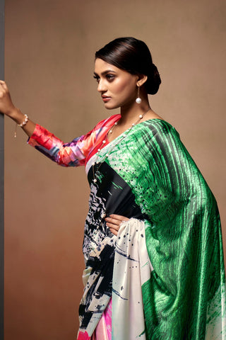 White Satin Crepe Digital Print Saree_Kumari Sarees