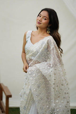 White Organza Silk Saree_Kumari Sarees
