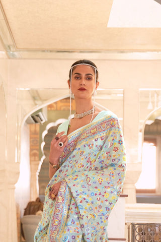 White Kashmiri Modal Handloom Weaving Silk Saree_Kumari Sarees
