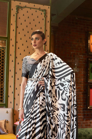 WHITE & BLACK PRINTED JAPAN SATIN CREPE SAREE