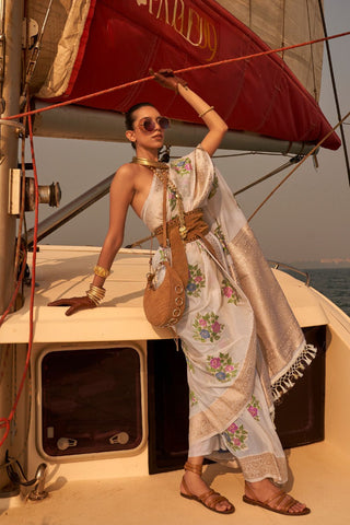 White Chinon Nylon Handloom Weaving Saree_Kumari Sarees