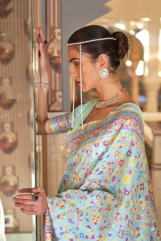 White Kashmiri Modal Handloom Weaving Silk Saree_Kumari Sarees