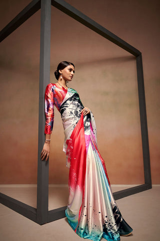 White Satin Crepe Digital Print Saree_Kumari Sarees
