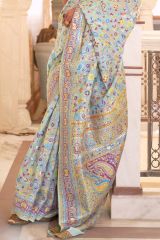 White Kashmiri Modal Handloom Weaving Silk Saree_Kumari Sarees