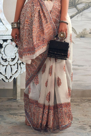 White Modal Heavy Kashmiri Handloom Weaving Saree_Kumari Sarees
