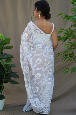 White Organza Silk Saree_Kumari Sarees