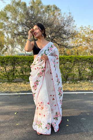 White Organza Silk Saree_Kumari Sarees