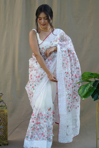 WHITE ORGANZA SILK SAREE