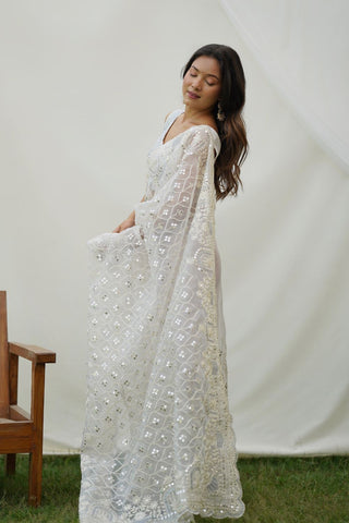 White Organza Silk Saree_Kumari Sarees