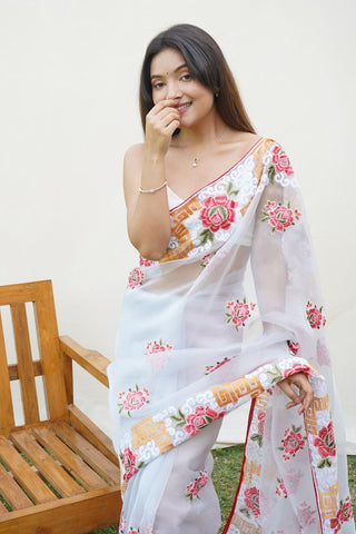 White Organza Silk Saree_Kumari Sarees