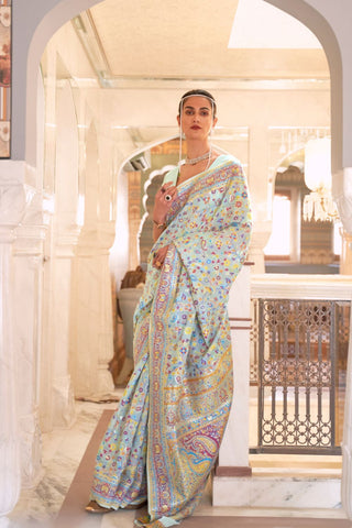 White Kashmiri Modal Handloom Weaving Silk Saree_Kumari Sarees
