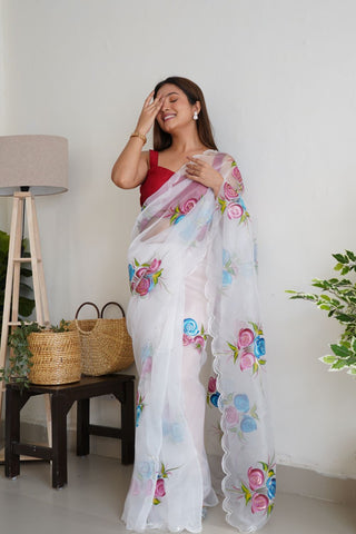 WHITE ECHIFFON SILK SAREE