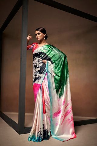 White Satin Crepe Digital Print Saree_Kumari Sarees