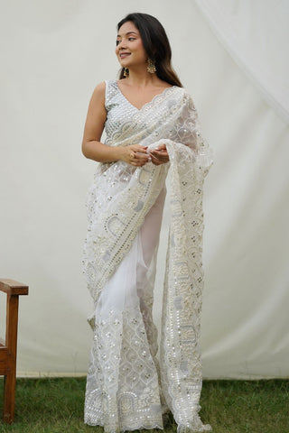 White Organza Silk Saree_Kumari Sarees