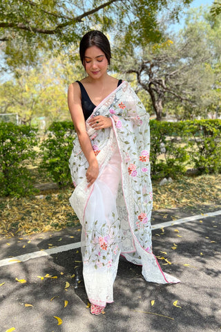 WHITE KANJEEVARAM ORGANZA SAREE
